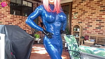 Rubber Doll In Dark Blue Latex Catsuit